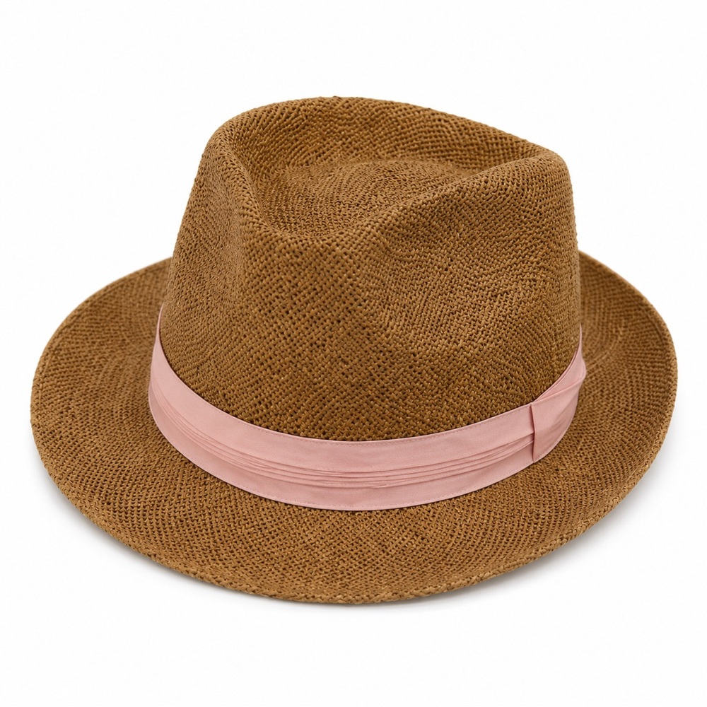 Dorfman Pacific Co. Woven Straw Fedora Hat with Pink Band One Size sun hat